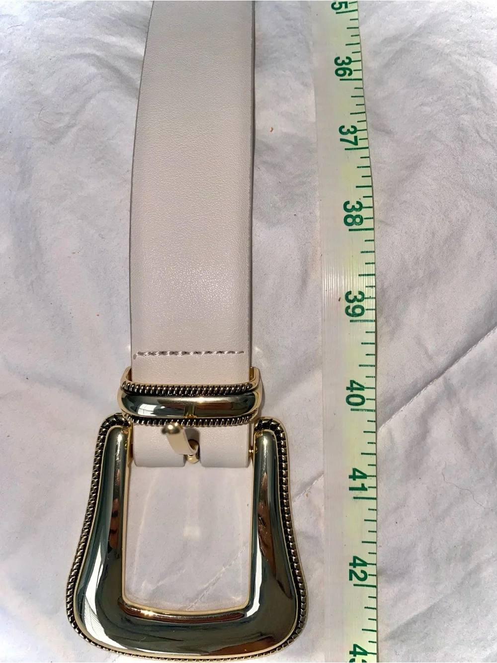 Cream Leather Belt with Decorative Gold Buckle